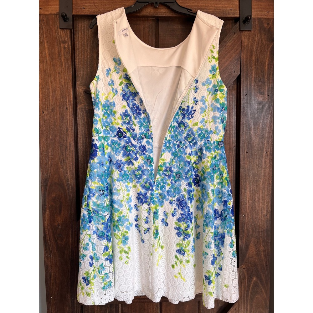 Studio One New York Blue Green‎ Floral Eyelet Lace Fit Flare Dress Womens 14P - Picture 4 of 11